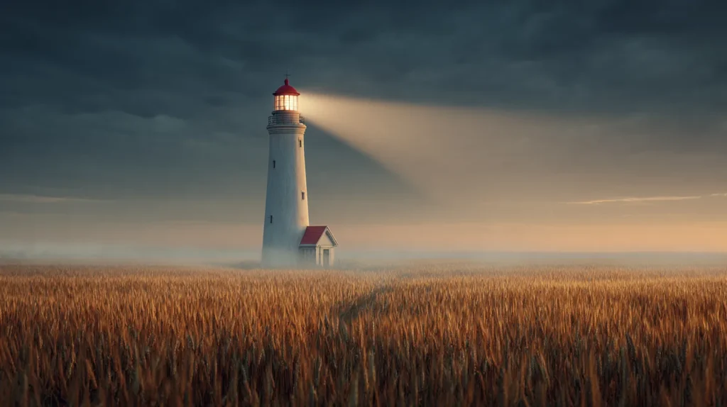 Latarnia morska stojąca samotnie w polu pszenicy, z promieniem światła przecinającym zmierzch