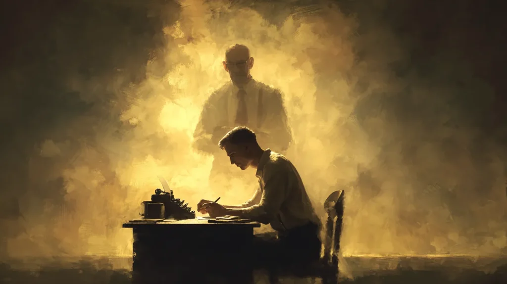 Rozmowa z przyszłym sobą – młody mężczyzna pisze list, za nim starsza wersja siebie. Ćwiczenie listów, rozwój osobisty.