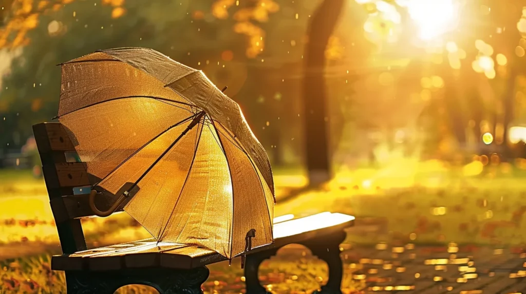 Parasol oparty o ławkę w parku podczas słonecznego dnia, w promieniach zachodzącego słońca — metafora nadmiernego zabezpieczania się przed życiem.