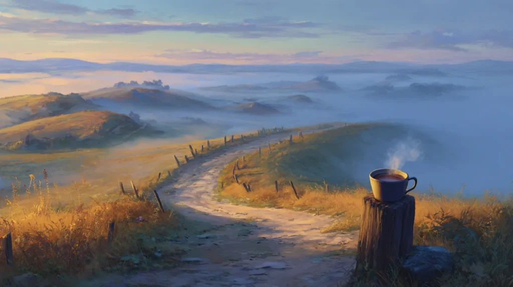 Spokojna droga o poranku prowadząca przez łagodne wzgórza, w świetle wschodzącego słońca, z filiżanką parującej herbaty stojącą na drewnianym słupku — symbol równowagi między planem a sercem.