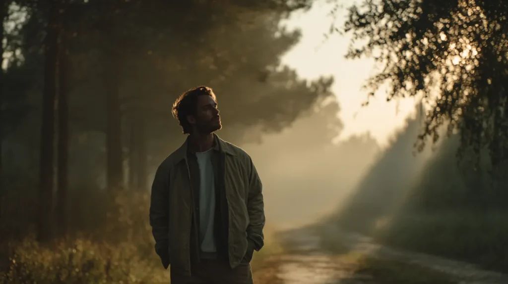 Mężczyzna w średnim wieku stoi na leśnej ścieżce o świcie, w miękkim świetle poranka. Symbol spokoju, akceptacji i momentu, w którym nie trzeba już nic udowadniać.