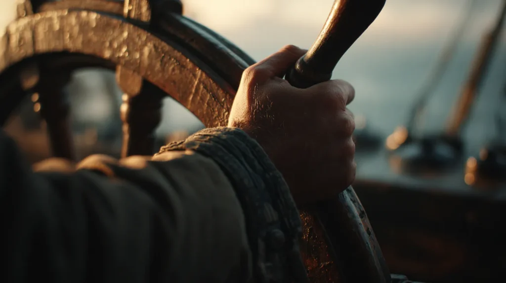 Zbliżenie na dłoń trzymającą drewniany ster na tle wschodu słońca, symboliczne ujęcie odzyskiwania kierunku w życiu.