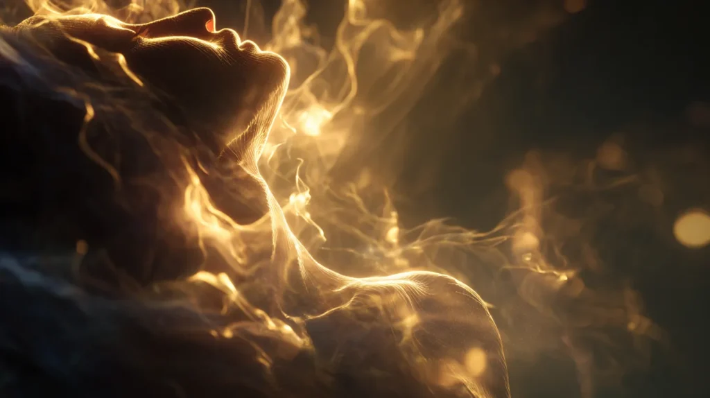 Eteryczna sylwetka zanurzona w złotym świetle, symbolizująca wewnętrzny głos i moment cichego przebudzenia.