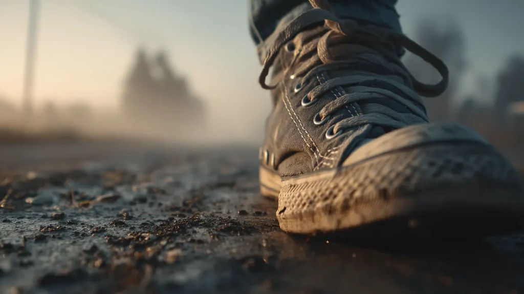 Zbliżenie na but stawiający pierwszy krok na lekko zamglonej ścieżce o wschodzie słońca, symbolizujące początek zmiany i cichą odwagę.