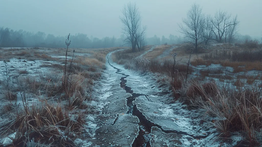 Wąska zimowa droga z delikatnym pęknięciem biegnącym środkiem, znikająca w spokojnym, mglistym krajobrazie