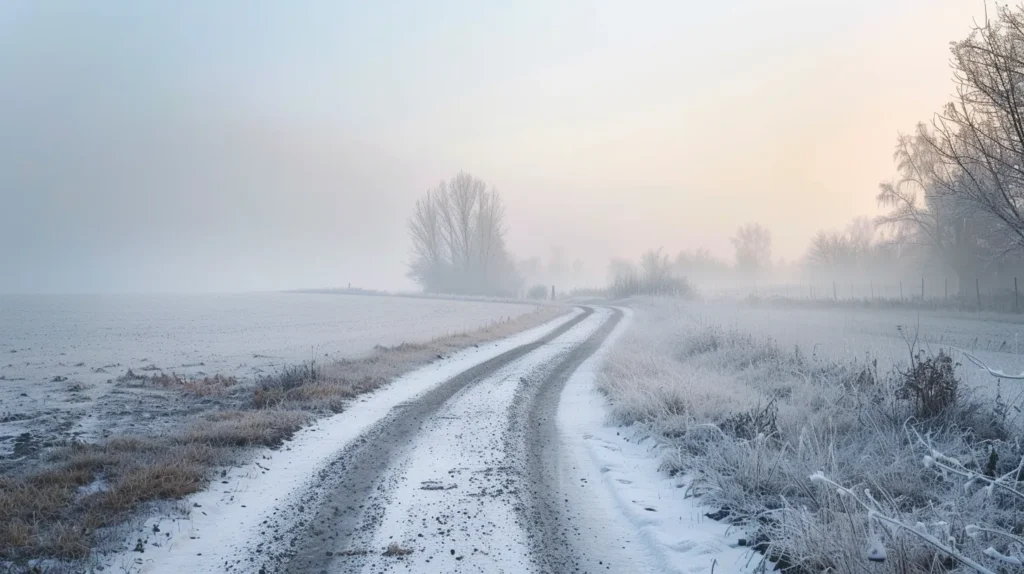 Zimowa, pusta droga prowadząca w głąb krajobrazu, spowita delikatną mgłą, symbol spokojnego procesu i czasu potrzebnego na zmianę