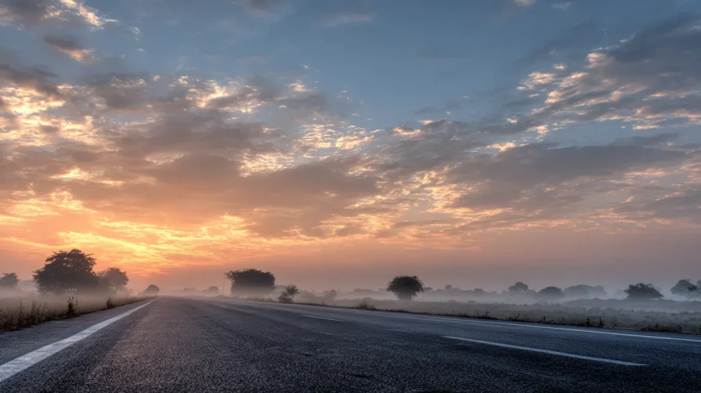 Pusta droga o poranku skąpana w miękkim świetle, symbol spokojnej zmiany i bycia w procesie