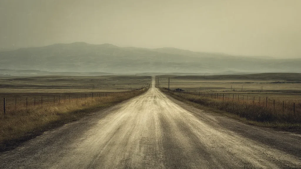 Długa, prosta droga prowadząca przez otwartą przestrzeń, bez wyraźnego celu, symbol spokojnego procesu zmiany i bycia w drodze