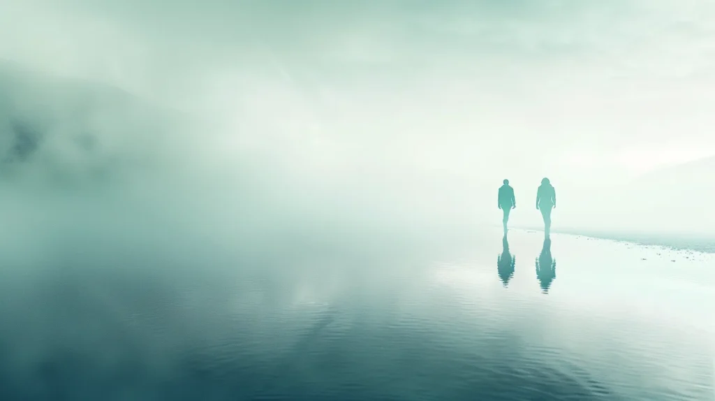 Dwie postacie idące obok siebie przez rozmytą, jasną przestrzeń, symbolizujące proces zmiany i bycie w drodze bez jasnego celu
