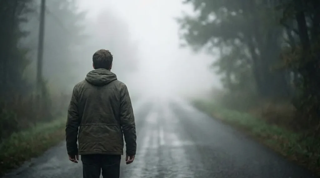 Mężczyzna stojący na pustej drodze prowadzącej w gęstą mgłę, symbol zmiany i poruszania się bez widocznego celu