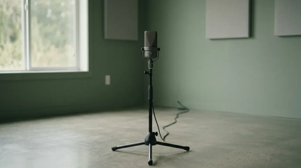 Pojedynczy mikrofon na statywie stojący w pustym, jasnym pomieszczeniu, symbol ciszy i braku reakcji