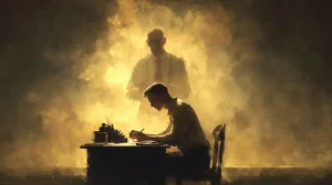 Rozmowa z przyszłym sobą – młody mężczyzna pisze list, za nim starsza wersja siebie. Ćwiczenie listów, rozwój osobisty.