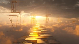 Symboliczna droga w budowie prowadząca ku zachodzącemu słońcu, unosząca się ponad chmurami, otoczona złotymi rusztowaniami – metafora drogi do sukcesu i nieustannego rozwoju.