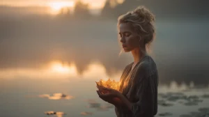 Kobieta stojąca o świcie nad jeziorem, trzymająca w dłoniach świecący liść; wokół mgła i miękkie światło poranka – symbol uważności i ciszy.