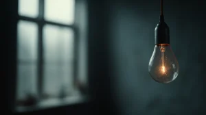 Zgaszona żarówka wisząca w półmroku, z delikatnym blaskiem w środku — symbol cichego odpoczynku po świetle.