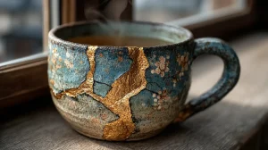 Zbliżenie na ceramiczny kubek naprawiony techniką kintsugi, z delikatnymi złotymi pęknięciami biegnącymi po niebieskiej, lekko spękanej powierzchni. Z wnętrza unosi się para herbaty, a ciepłe światło dzienne wpadające przez okno podkreśla strukturę ceramiki i spokój chwili. Symbol niedoskonałości, która może być piękna.