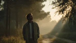 Mężczyzna w średnim wieku stoi na leśnej ścieżce o świcie, w miękkim świetle poranka. Symbol spokoju, akceptacji i momentu, w którym nie trzeba już nic udowadniać.