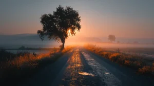 Droga o świcie znikająca we mgle, oświetlona miękkim złotym światłem wschodzącego słońca – symbol decyzji, która dojrzewa w ciszy.