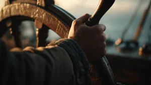 Zbliżenie na dłoń trzymającą drewniany ster na tle wschodu słońca, symboliczne ujęcie odzyskiwania kierunku w życiu.