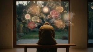 Osoba siedząca tyłem z unoszącymi się nad głową symbolicznymi kształtami rozmów, emocji, jedzenia i telefonu — metafora przejedzenia relacjami i kontaktem po świętach.