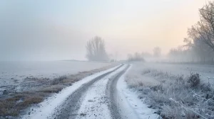 Zimowa, pusta droga prowadząca w głąb krajobrazu, spowita delikatną mgłą, symbol spokojnego procesu i czasu potrzebnego na zmianę
