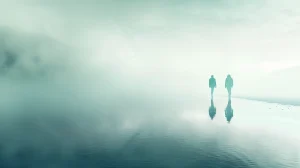 Dwie postacie idące obok siebie przez rozmytą, jasną przestrzeń, symbolizujące proces zmiany i bycie w drodze bez jasnego celu