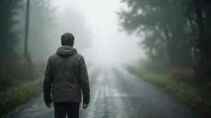 Mężczyzna stojący na pustej drodze prowadzącej w gęstą mgłę, symbol zmiany i poruszania się bez widocznego celu