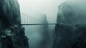 Zawieszony most między dwoma skalnymi urwiskami we mgle – metafora grawitacji starego świata i trudności w utrzymaniu zmiany